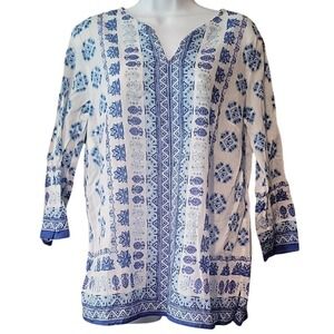 Talbots Womens Blue White Geometric Tile Print Cotton Tunic Top Large